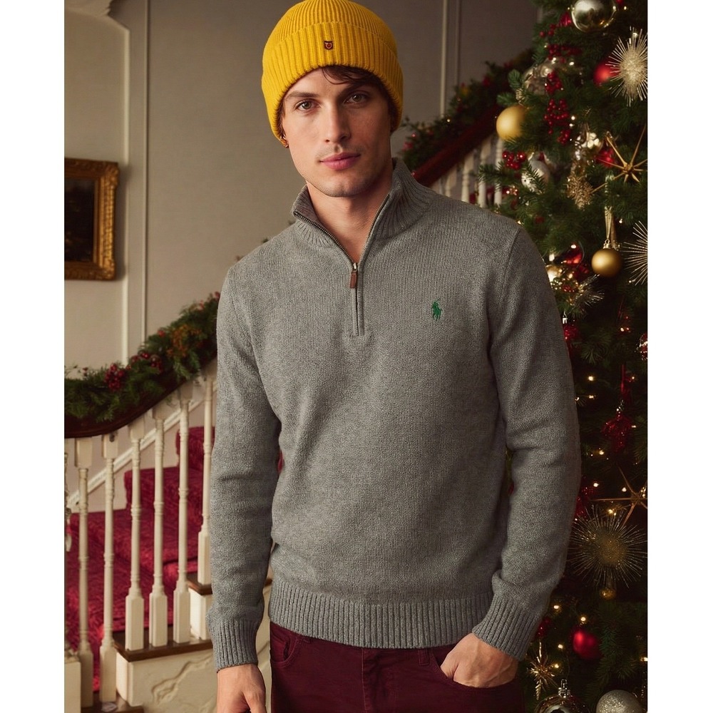 Polo Ralph Lauren Men's L Quarter Zip Gray Cotton Preppy Grandpacore Sweater